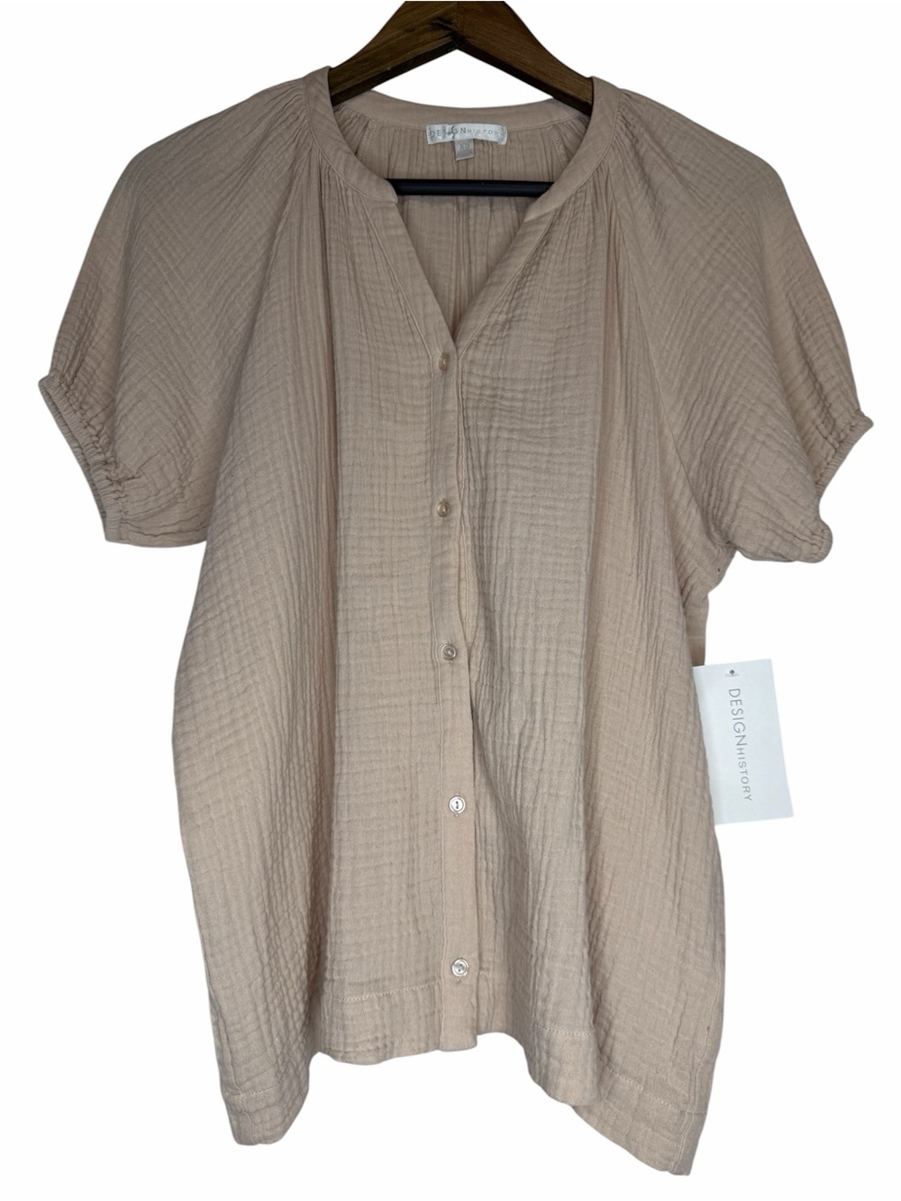 NWT Design History Gauze Top size XS Tan Button Short Sleeve Cotton Blouse